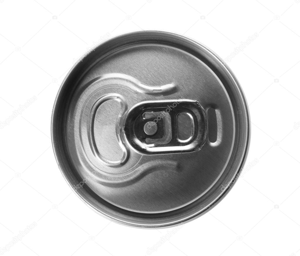Top view of aluminum can with beverage on white background