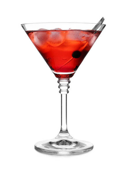 Glass of martini cocktail with berry and ice cubes on white background