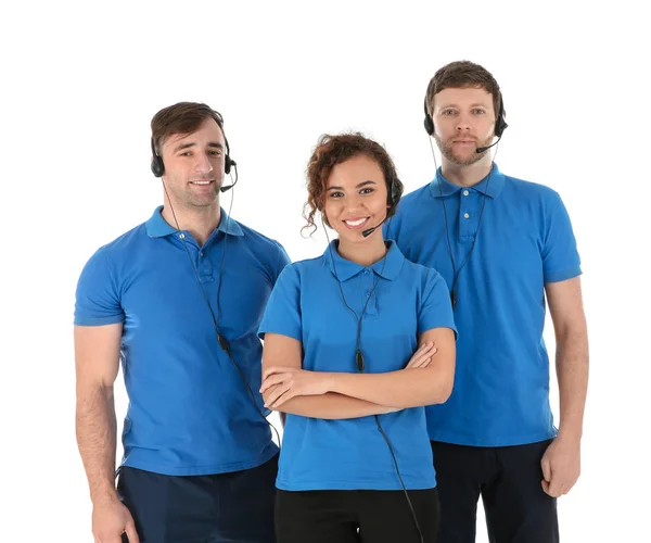 Equipe Suporte Técnico Com Fones Ouvido Isolados Branco — Fotografia de Stock