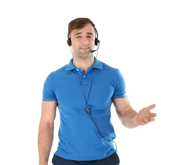 Operador Soporte Técnico Masculino Con Auriculares Aislados Blanco — Foto de Stock