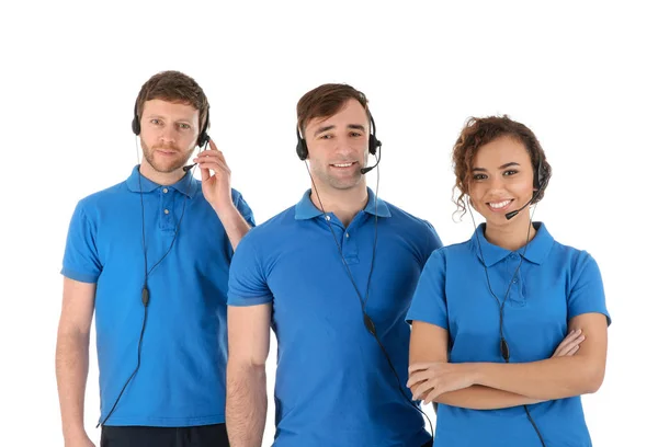 Equipe Suporte Técnico Com Fones Ouvido Isolados Branco — Fotografia de Stock