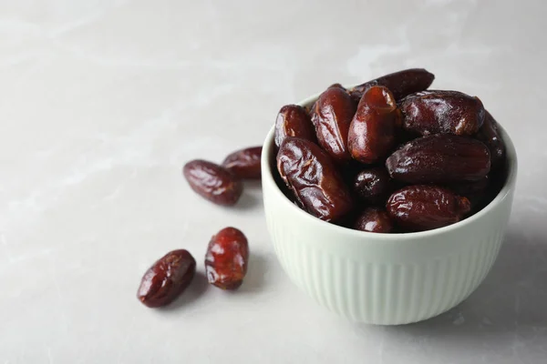 Bowl Sweet Dates Table Space Text Dried Fruit Healthy Snack — Stock Photo, Image