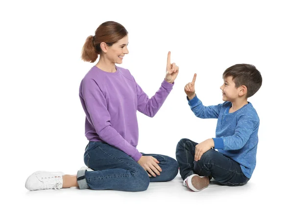 Madre Ipoacusia Suo Figlio Che Parlano Con Aiuto Del Linguaggio — Foto Stock