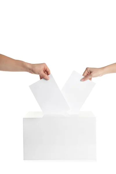 People putting their votes into ballot box on white background, closeup