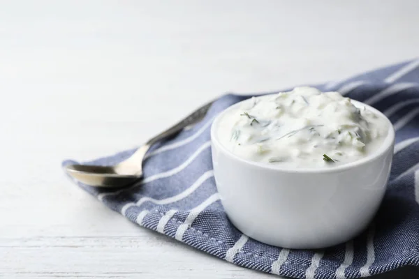 Cucumber Sauce Ceramic Bowl Spoon Wooden Background Space Text Traditional — Stock Photo, Image