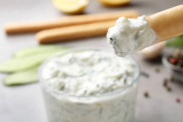 Bread Stick Cucumber Sauce Blurred Background Space Text Traditional Tzatziki — Stock Photo, Image