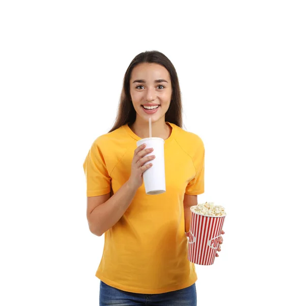 Vrouw Met Popcorn Drank Tijdens Bioscoop Toon Witte Achtergrond — Stockfoto