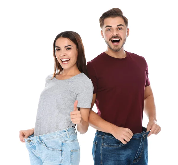 Ajuste Personas Pantalones Vaqueros Gran Tamaño Sobre Fondo Blanco Pérdida — Foto de Stock