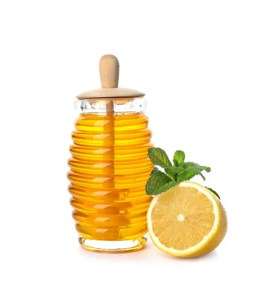 Burk Honung Mint Och Citron Vit Bakgrund Hosta Rättsmedel — Stockfoto