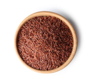 Beyaz arka planda, üstten görünüm pişmemiş kahverengi pirinç kase