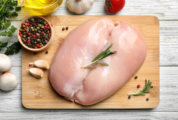 Flat Lay Composition Raw Chicken Breasts Ingredients Wooden Background — Stock Photo, Image