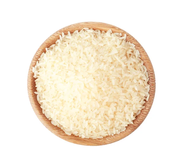 Tigela Com Arroz Parboilizado Não Cozido Fundo Branco Vista Superior — Fotografia de Stock