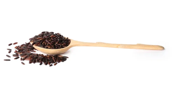 Spoon Uncooked Black Rice White Background — Stock Photo, Image