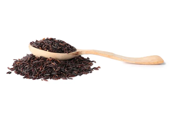 Spoon Uncooked Black Rice White Background — Stock Photo, Image