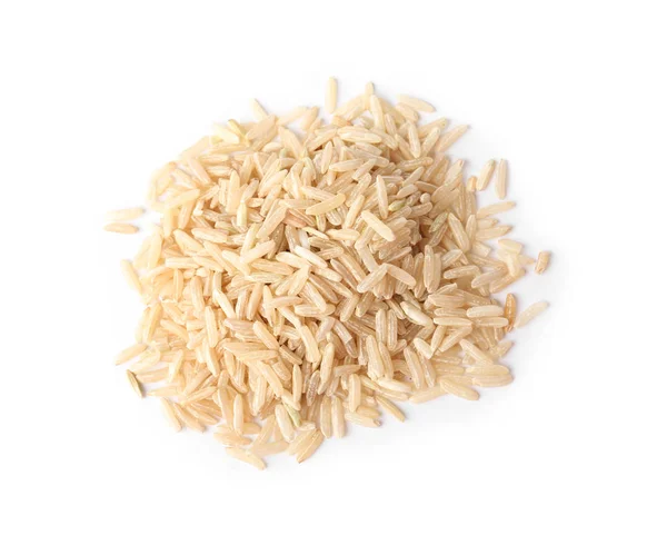 Roher Brauner Reis Auf Weißem Hintergrund Draufsicht — Stockfoto
