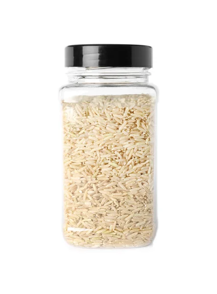 Jar Uncooked Brown Rice White Background — Stock Photo, Image