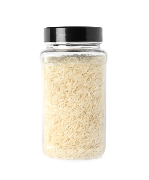 Jar Uncooked Long Grain Rice White Background — Stock Photo, Image