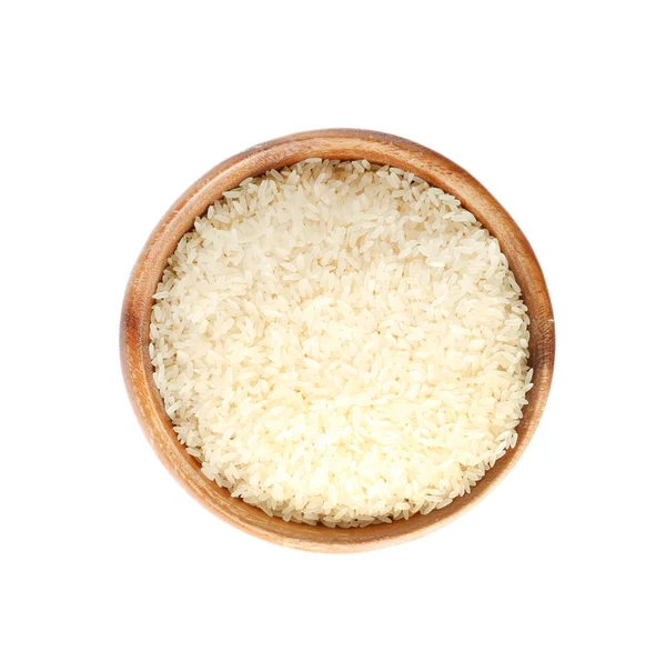 Bowl Uncooked Parboiled Rice White Background Top View — Stock Photo, Image