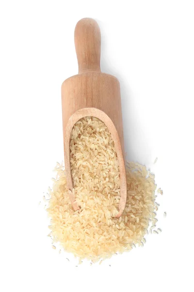 Lopatka Tepelně Neupravené Dlouhozrnné Rýže Bílém Pozadí Pohled Shora — Stock fotografie