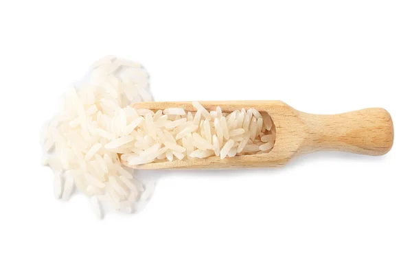 Scoop Uncooked Long Grain Rice White Background Top View — Stock Photo, Image