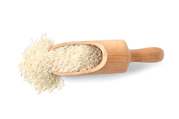 Κουτάλα Άψητα Μακρόσπερμο Ρύζι Άσπρο Φόντο Top View — Φωτογραφία Αρχείου