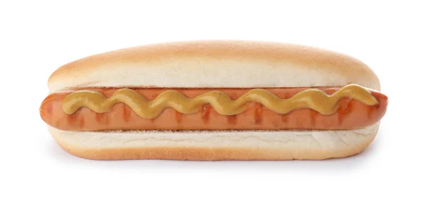 Gustos Hot Dog Muștar Fundal Alb — Fotografie, imagine de stoc