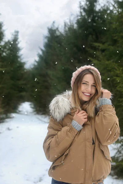Ung Kvinna Snöiga Barrträd Skogen Vintersemester — Stockfoto