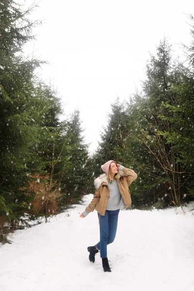 Νεαρή Γυναίκα Στο Χιονισμένο Κωνοφόρα Δάση Χειμερινές Διακοπές — Φωτογραφία Αρχείου