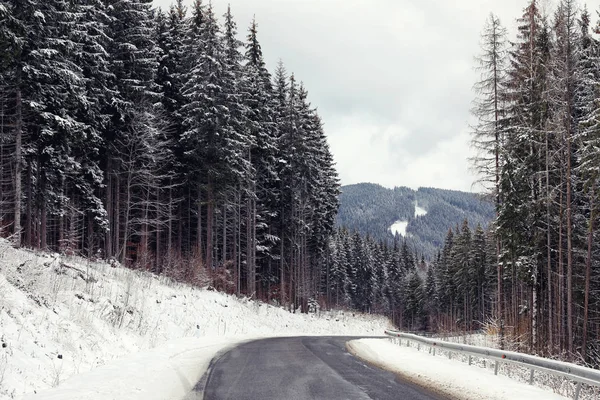 Hermoso Paisaje Montaña Con Bosque Nevado Carretera Asfaltada — Foto de Stock