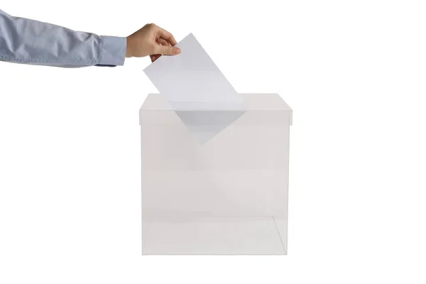 妇女把她的投票在投票箱在白色背景 特写镜头 — 图库照片