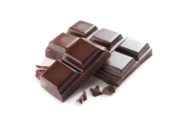 Kousky Chutné Tmavé Čokolády Bílém Pozadí — Stock fotografie
