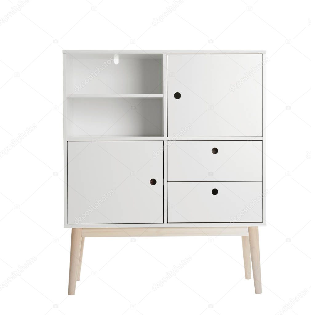 Stylish dresser on white background. Furniture for wardrobe room