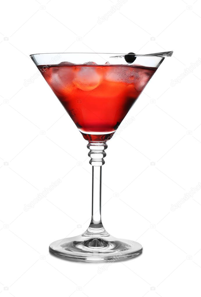 Glass of martini cocktail with berry and ice cubes on white background