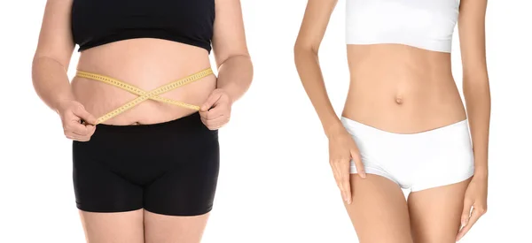 Junge Frau Vor Und Nach Gewichtsverlust Auf Weißem Hintergrund Nahaufnahme — Stockfoto