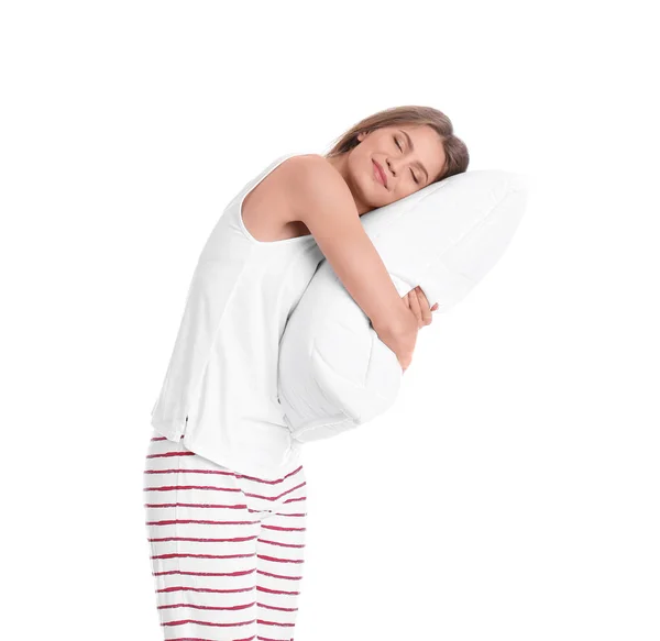 Jonge Vrouw Pyjama Omarmen Kussen Witte Achtergrond — Stockfoto