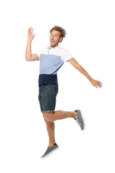 Junger Mann Lässiger Kleidung Springt Auf Weißem Hintergrund — Stockfoto