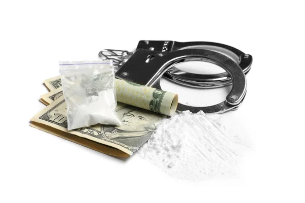 Kokain Peníze Účty Pouta Bílém Pozadí — Stock fotografie
