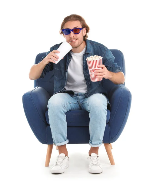 Man Glasses Popcorn Beverage Sitting Armchair Cinema Show White Background — Stock Photo, Image