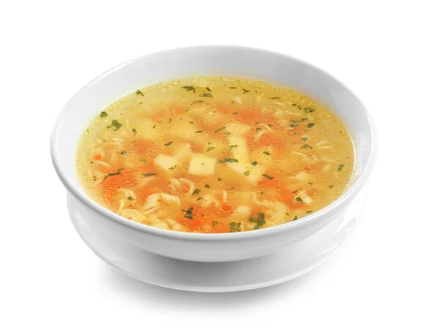 Sopa Verduras Caliente Con Fideos Tazón Sobre Fondo Blanco Alimento —  Fotos de Stock