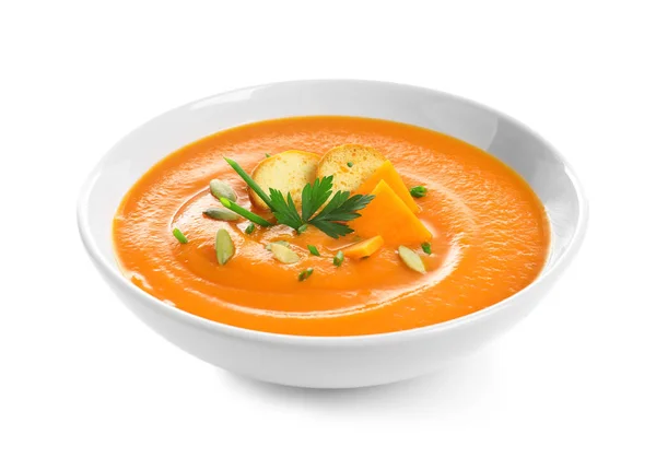 Plat Avec Soupe Crème Citrouille Sur Fond Blanc Aliments Sains — Photo