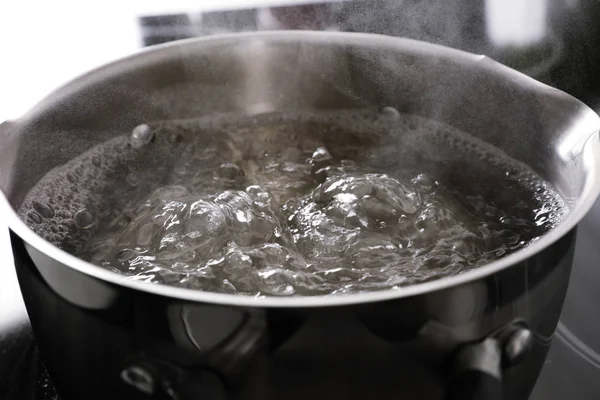 Pot Boiling Water Stove Closeup — Stock Photo, Image