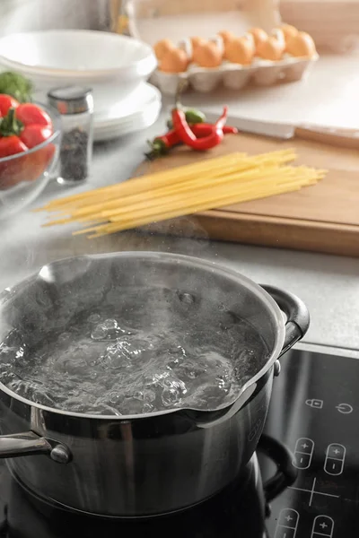 Pot Boiling Water Electric Stove Kitchen Space Text Stock Photo by  ©NewAfrica 240604464