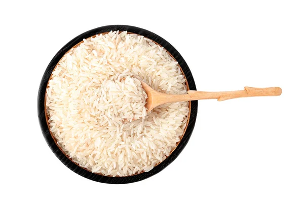 Deska Tepelně Neupravené Dlouho Rýže Lžící Bílém Pozadí Pohled Shora — Stock fotografie