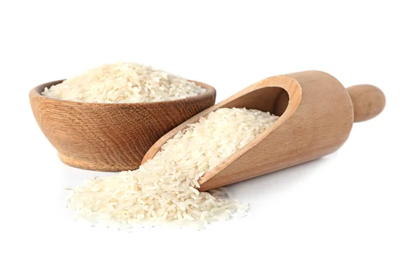 Μπολ Και Σέσουλα Άψητα Μακρόσπερμο Ρύζι Λευκό Φόντο — Φωτογραφία Αρχείου
