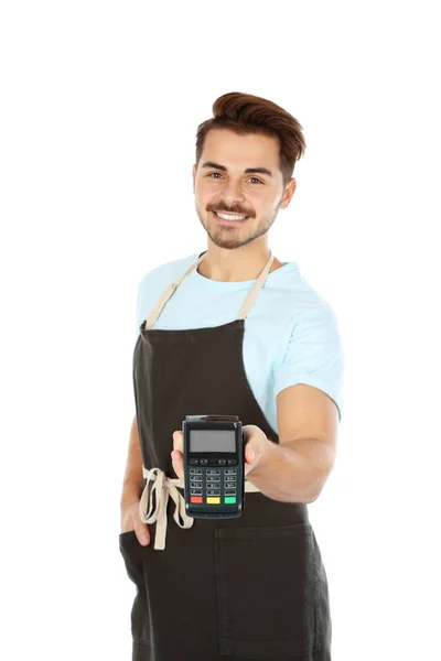 Waiter Terminal Contactless Payment White Background — Stock Photo, Image