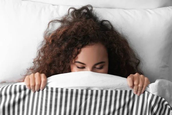 Young African American Woman Sleeping Soft Pillow Top View Bedtime — Stock Photo, Image