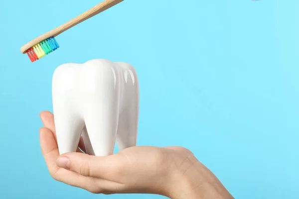 Dentista Sosteniendo Modelo Cerámico Diente Cepillo Madera Sobre Fondo Color — Foto de Stock