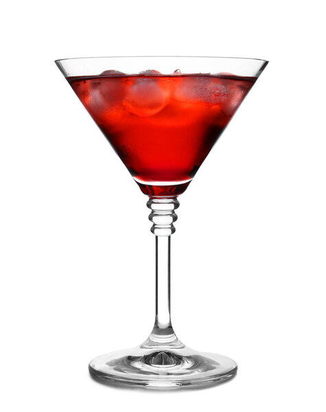 Glass of martini cocktail with ice cubes on white background