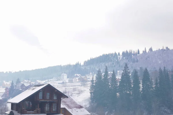 冬の日の建物が雪に覆われた渓谷の美しい景色 — ストック写真