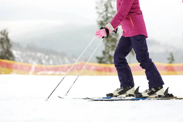 Female Skier Slope Resort Closeup Space Text Winter Vacation — Stock Photo, Image